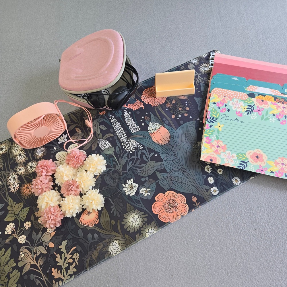 Unbranded Desk Accessory Bundle Floral Mouse‎ Pad Pink Fan Folders Multicolored